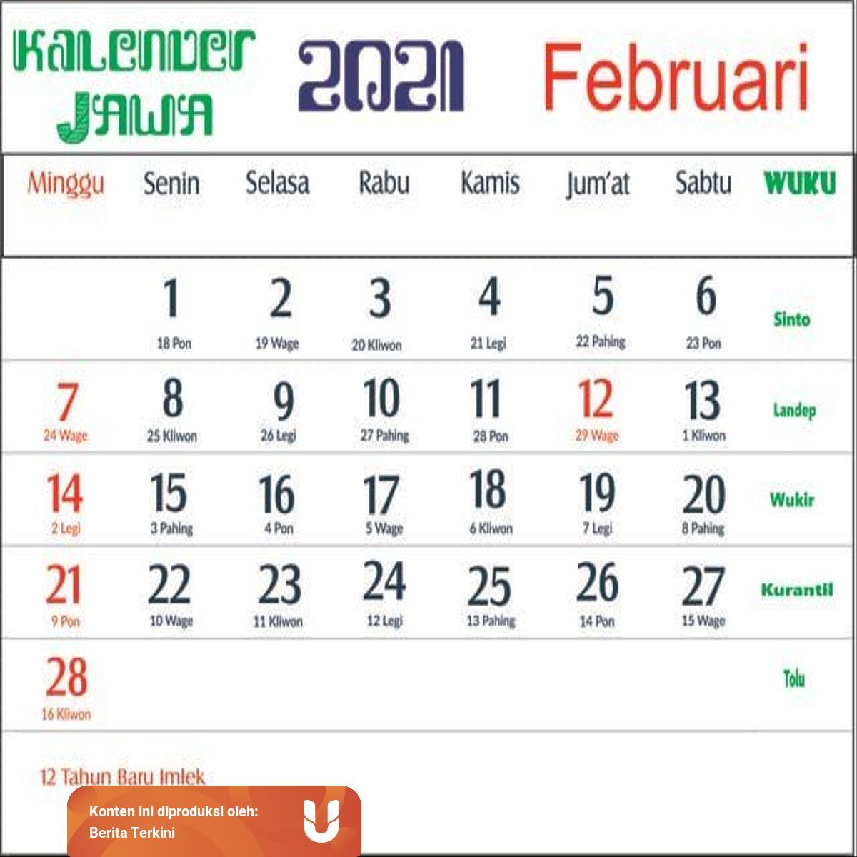 Kalender Jawa Februari 1986