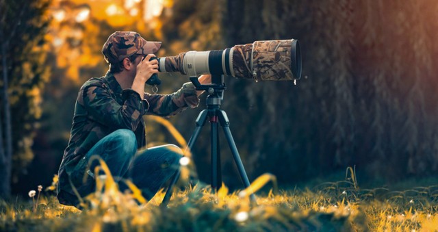 Fotografer menggunakan lensa telephoto untuk memotret satwa liar