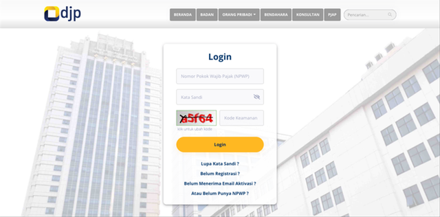 DJP online login portal interface