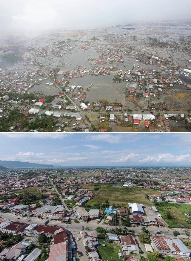 Kondisi Banda Aceh pasca tsunami 2004 (atas). Perubahan terlihat jelas di tahun 2014 (bawah). (Foto: Getty Image)