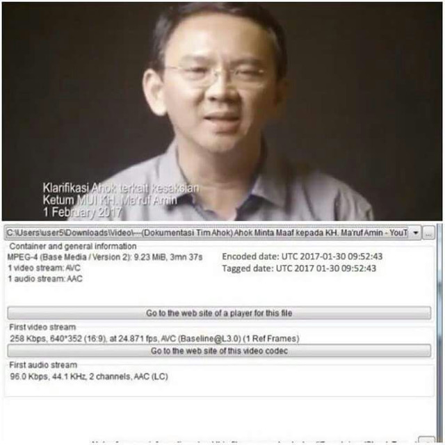 Meta data video minta maaf Ahok ternyata hoax. (Foto: Istimewa)