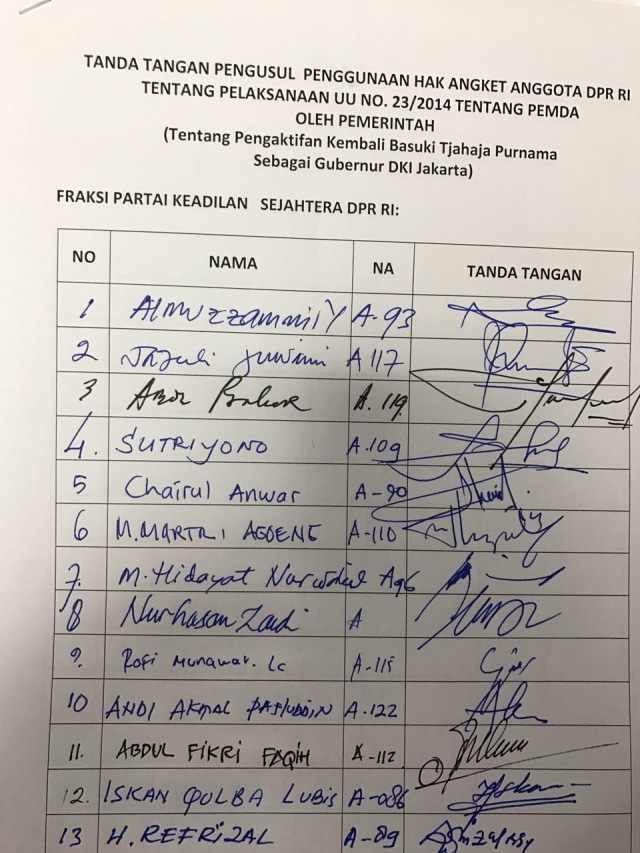 Penggunaan hak angket dari Fraksi PKS. (Foto: Istimewa)