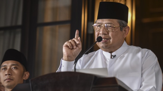 SBY ketika konferensi pers di Mega Kuningan. (Foto: ANTARA FOTO/Hafidz Mubarak A.)