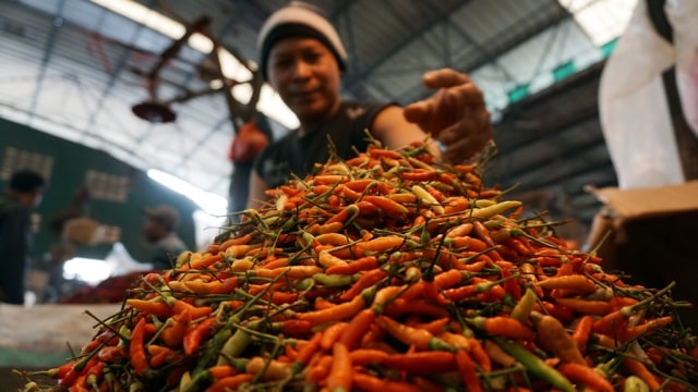 Pedagang merapihkan cabai rawit merah. Foto: Aditia Noviansyah/kumparan