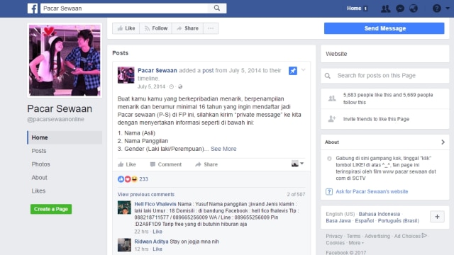 Akun Facebook Pacar Sewaan (Foto: Facebook Pacar Sewaan)