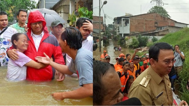 Anies dan Ahok mengunjungi banjir. (Foto: Dokumentasi Timses Anies-Sandi dan Nadia Jovita/kumparan)