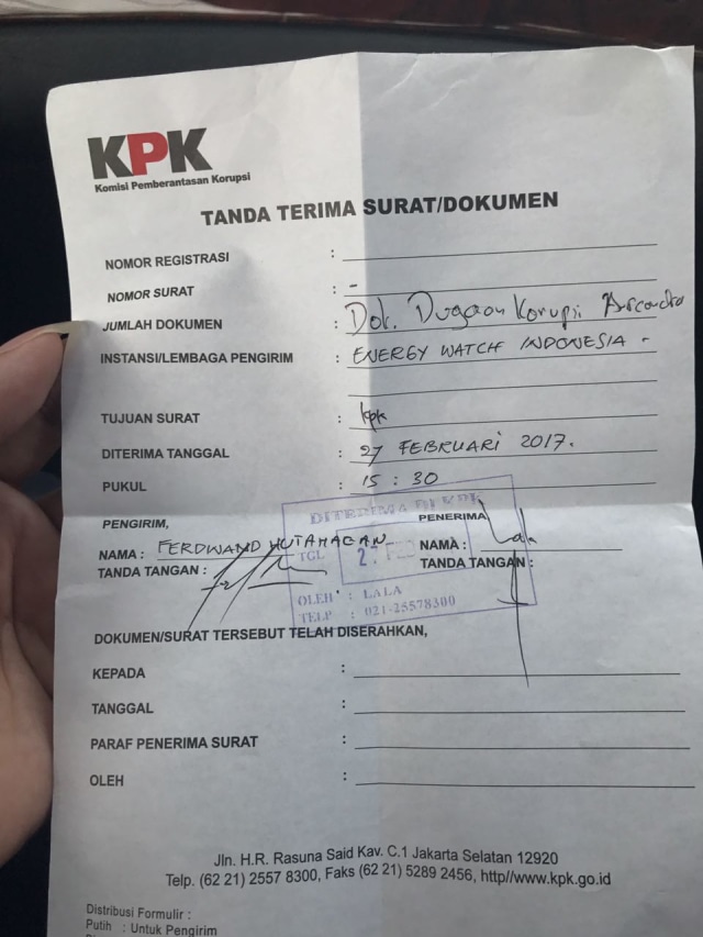 Tanda terima sura pelaporan (Foto: Dok. Ferdinand Hutahaean, Direktur Energy Watch Indonesia)
