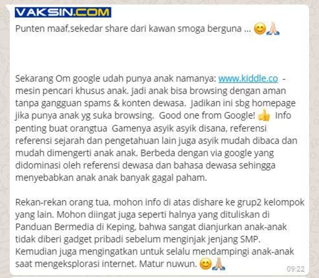 Broadcast Kiddle 2017 di Whatsapp (Foto: Vaksin.com)