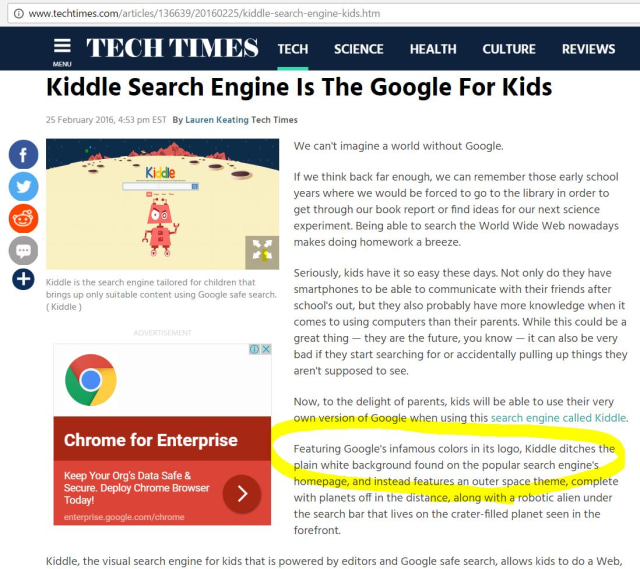 Berita logo Kiddle di Techtimes yang mirip Google (Foto: Techtimes)
