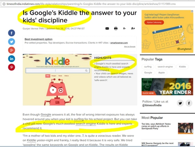 3 kali India Times menyatakan Kiddle produk Google (Foto: India Times)