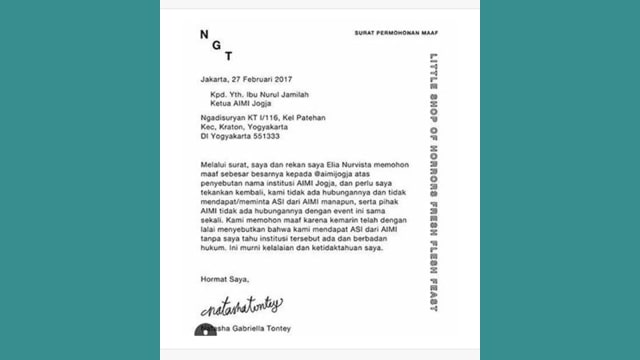 Surat permohonan maaf Natasha. (Foto: http://www.imgrum.org)