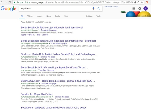 Screenshot Sepak Bola Google Safe Search (Foto: Alfons Tanujaya)