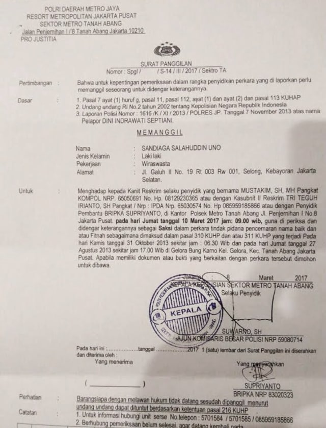 Surat Panggilan. (Foto: Aldis Tanos)