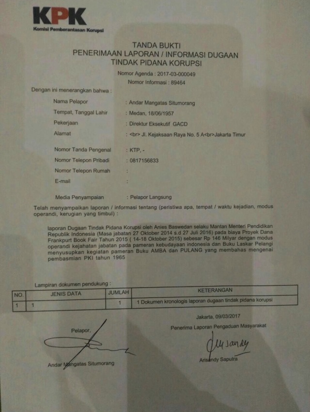 Tanda bukti penerimaan dugaan tipikor. (Foto: istimewa)