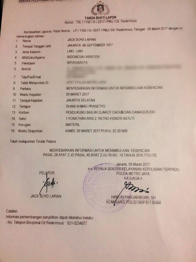 Bukti pelaporan terhadap Ahmad Dhani (Foto: Istimewa)