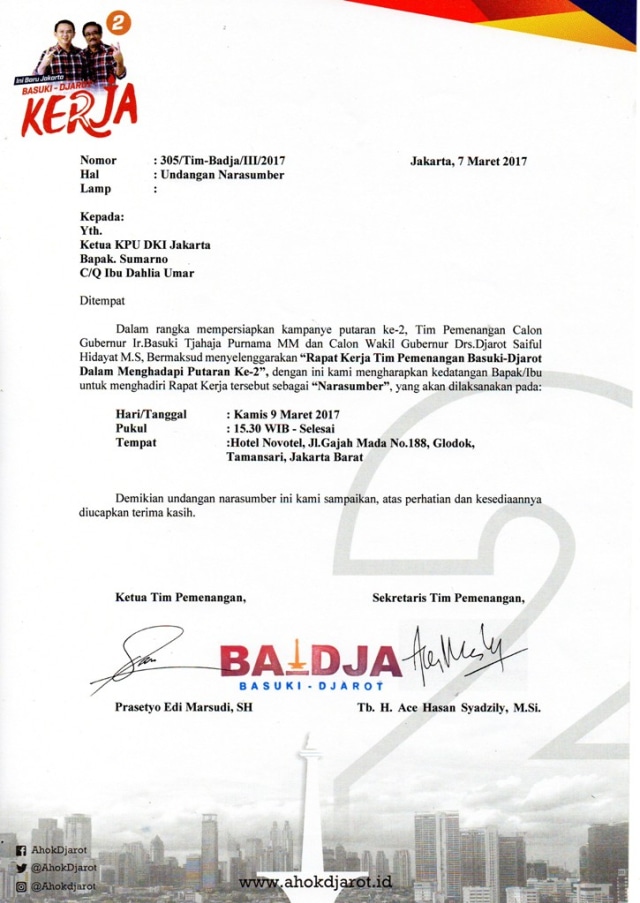 Surat Undangan dari Tim Ahok-Djarot  (Foto: Dok. Sumarno)