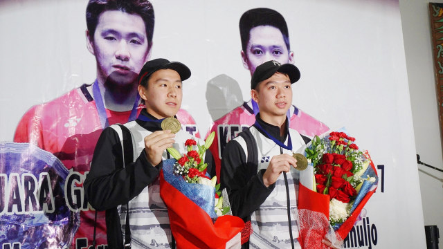 Kevin Sanjaya (kanan) dan Marcus F Gideon (kiri). (Foto: Antara/Lucky R.)