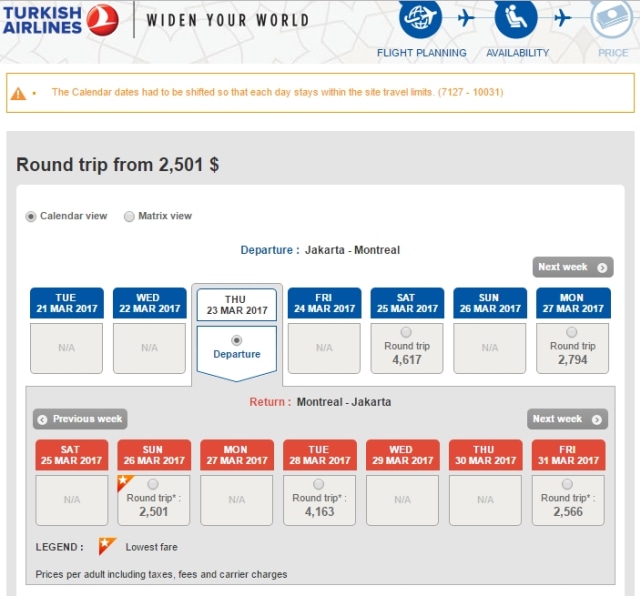 Harga tiket Turkish Ailine Jakarta-Montreal. (Foto: online.turkishairlines.com)