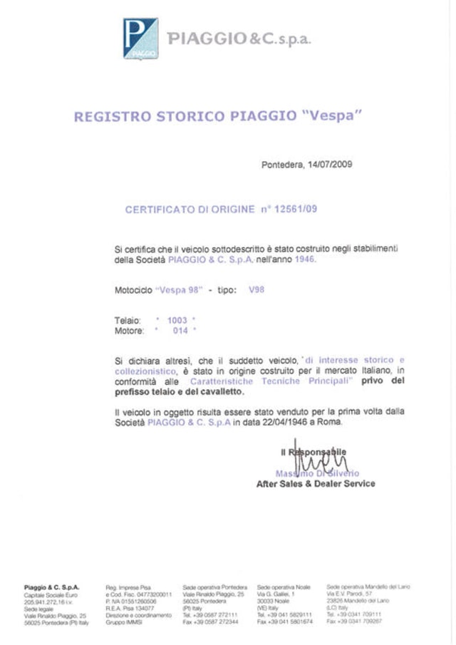 Sertifikat rangka dan mesin Vespa (Foto: Ruote-Da-Sogno/ Catawiki)