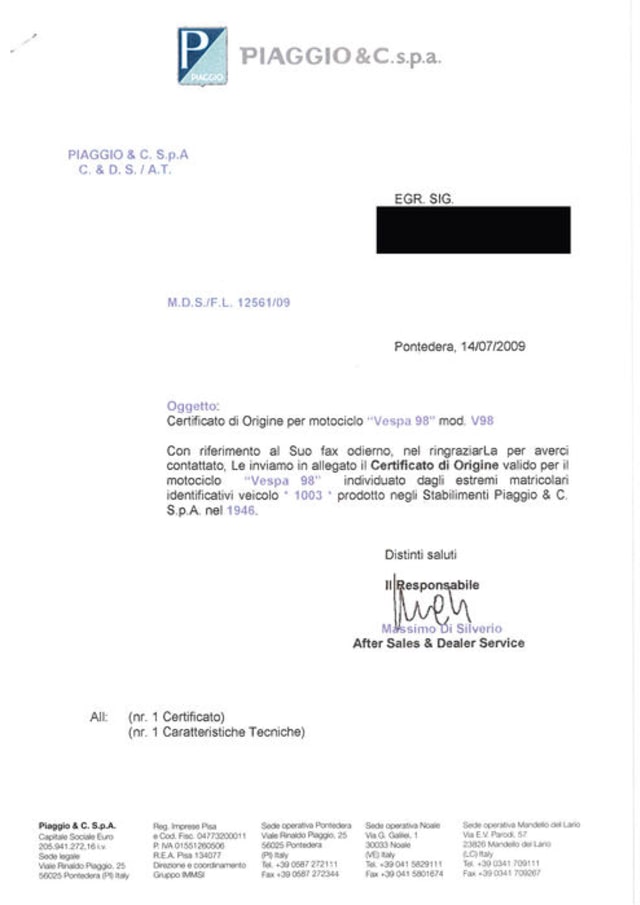 Dokumen keaslian Vespa tertua di dunia (Foto: Ruote-Da-Sogno/ Catawiki)
