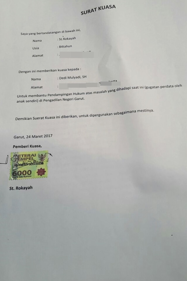 Surat kuasa untuk Dedi Mulyadi dari Ibu Rukoyah. (Foto: Dok. Dedi Mulyadi)