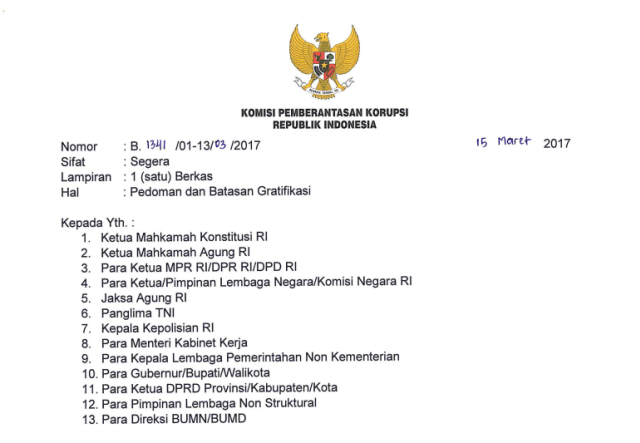 Surat KPK soal gratifikasi (Foto: istimewa)