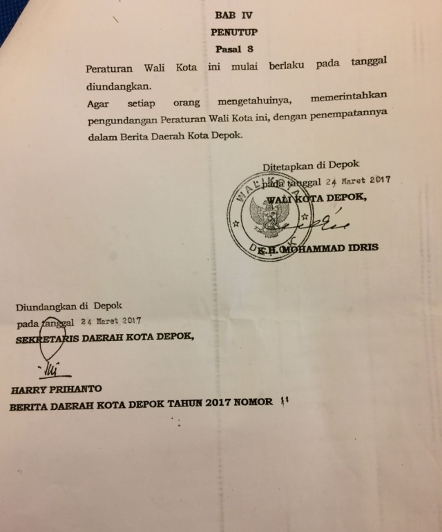 Perwali Kota Depok yang mengatur ojek online. (Foto: Dok. Pemprov Kota Depok)