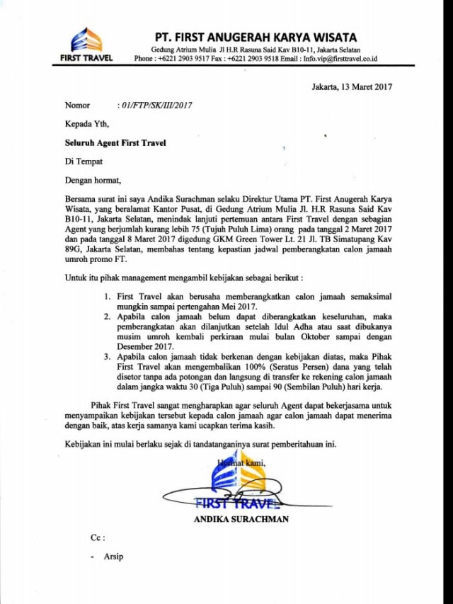 Surat Edaran First Travel. (Foto: Dok. Istimewa)