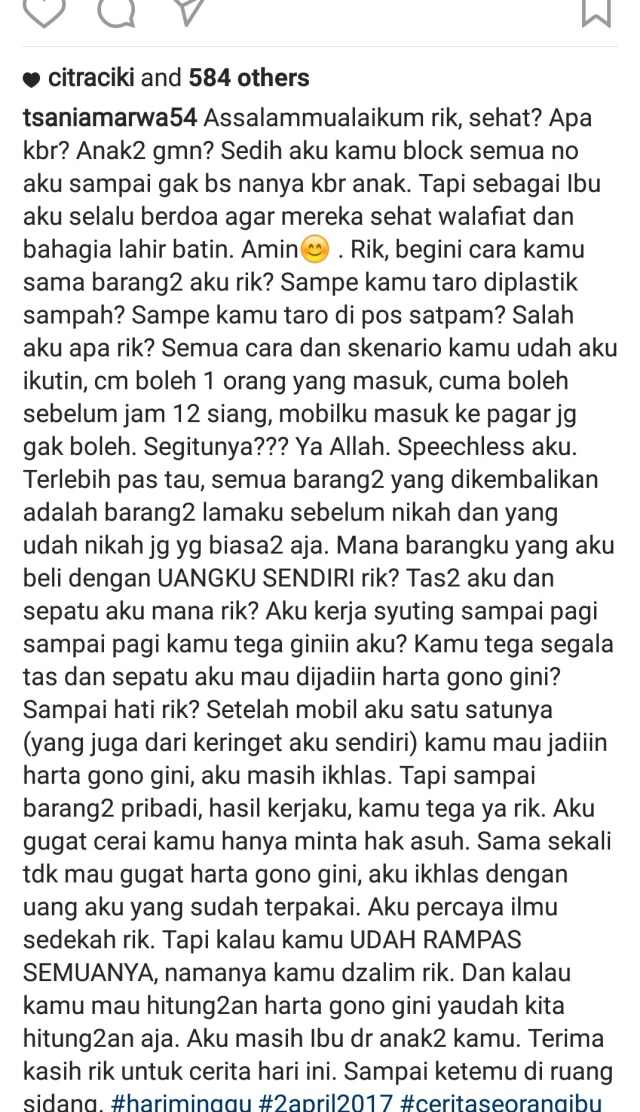 Kata-kata dalam postingan instagram Tsania Marwa. (Foto: Instagram @tsaniamarwa54)