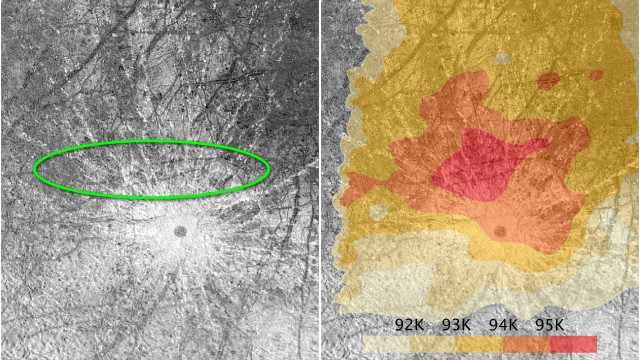Daerah hangat di permukaan Europa (Foto: NASA/ESA/STScI/USGS)
