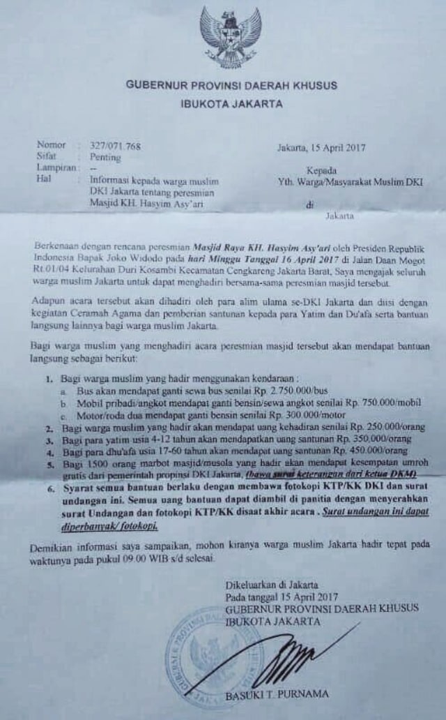 Surat Undangan Peresmian Masjid KH Hasyim Asy'ari (Foto: Media Sosial)
