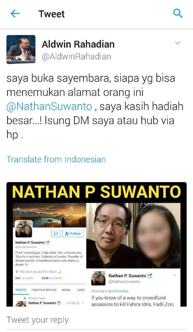 Postingan Tweet Aldwin Rahadian. (Foto: Twitter)