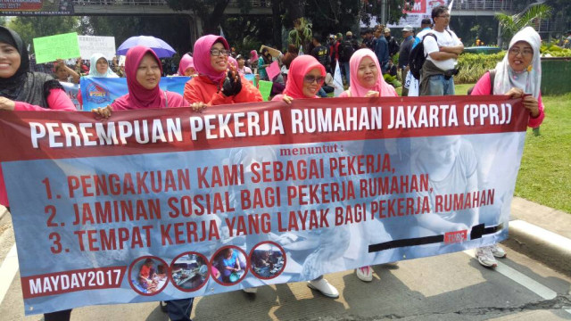 Perempuan pekerja menyuarakan aspirasi (Foto: Aria Pradana/kumparan)