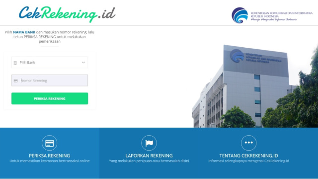 Portal CekRekening.id dari Kemkominfo. (Foto: Kemkominfo)
