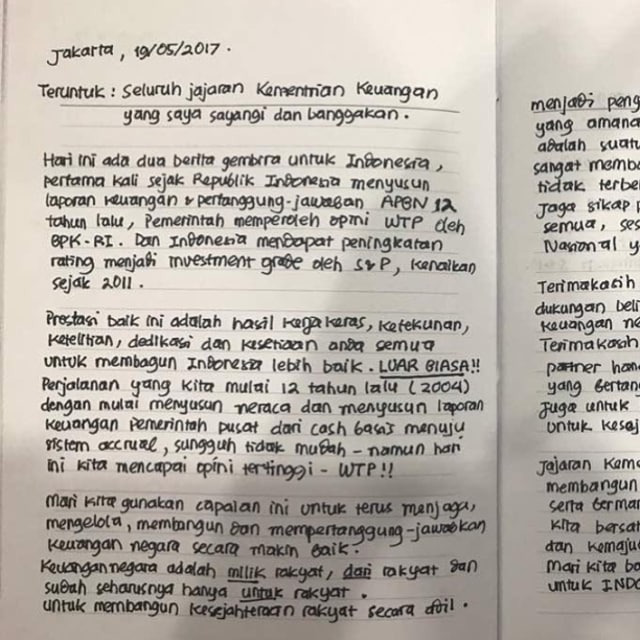 Tulisan Sri Mulyani (Foto: Instagram/@smindrawati)