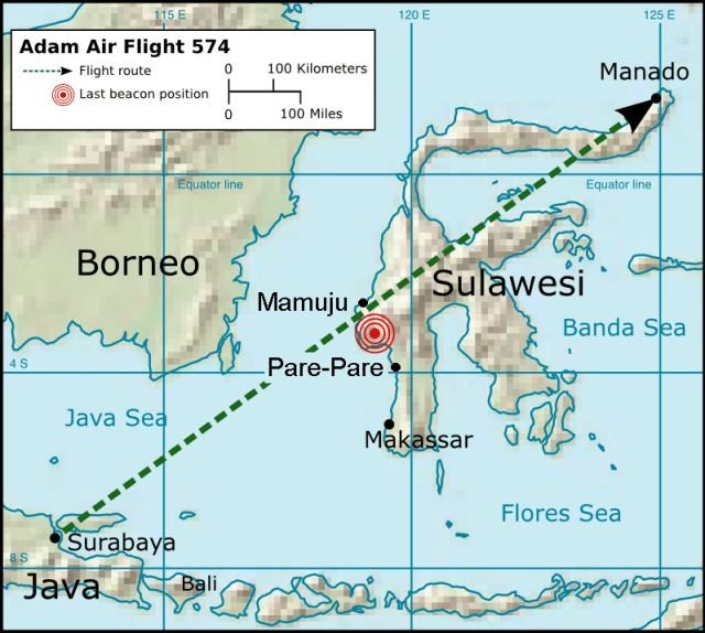 Rute  penerbangan Adam Air 574 (Foto: Wikimedia Commons)