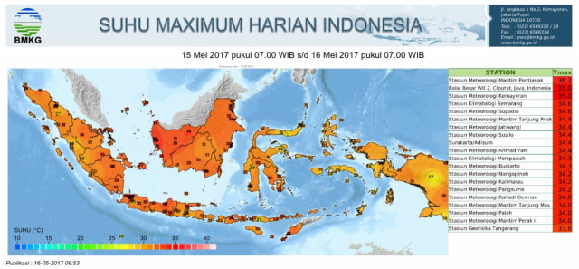 Suhu tertinggi di Indonesia 15 Mei 2017. (Foto: Dok. BMKG)