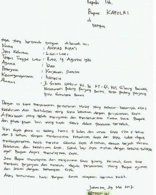 Surat permintaan maaf (Foto: Dok Istimewa)