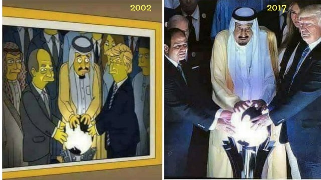 Gambar Donald Trump bersama Raja Salman (Foto: Istimewa/Facebook/The Simpsons)