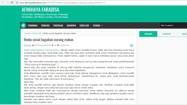 Blog Afi Nihaya Faradisa (Foto: Dokumentasi Blog Afi Nihaya)