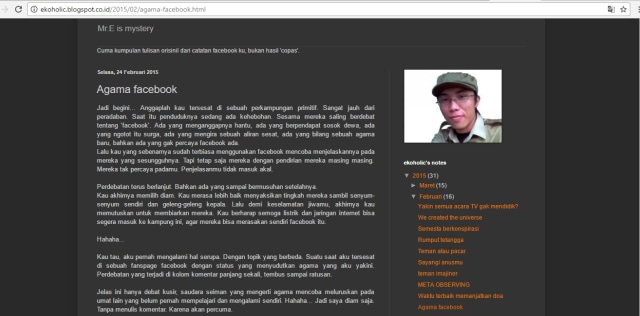 Agama Facebook diblog Ekoholic (Foto: Dokumentasi blog Ekoholic)