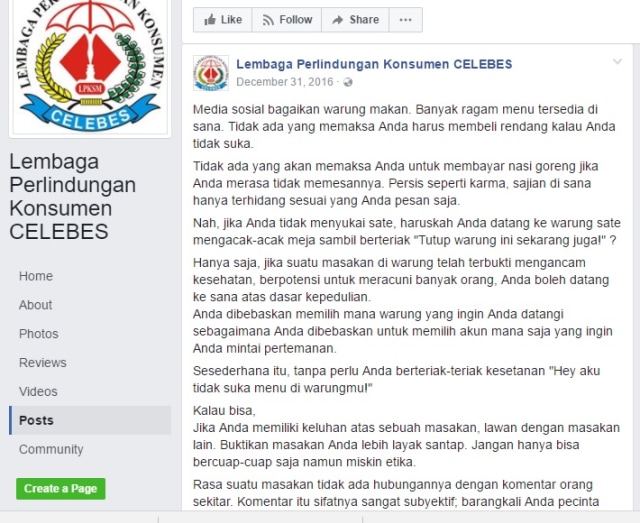 Unggahan soal Media Sosial Bagai Warung Makan (Foto: Facebook Lembaga Perlindungan Konsumen CELEBS)