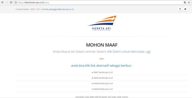 Website pemesanan Tiket KAI tak bisa diakses (Foto: tiket.kereta-api.co.id)