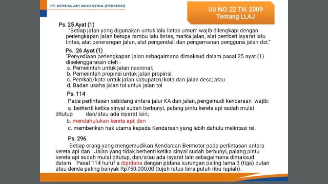 Undang-undang LLAJ (Foto: Dok. PT KAI)
