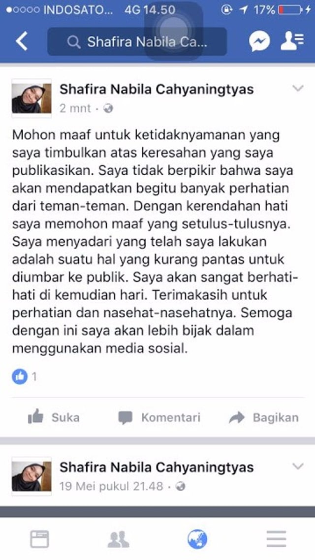 Mohon maaf Shafira (Foto: Dok. Istimewa)