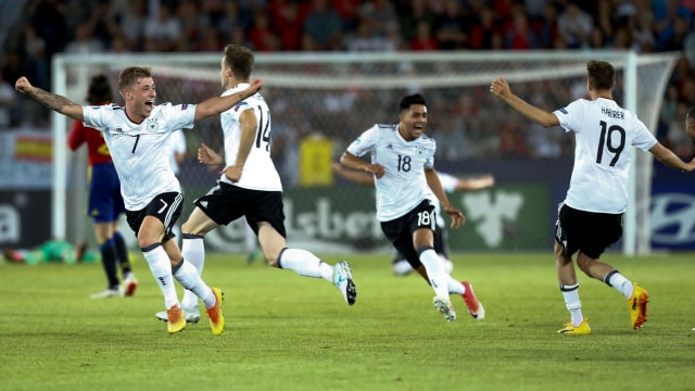 Para pemain Jerman merayakan kemenangan. (Foto: Kacper Pempel/Reuters)
