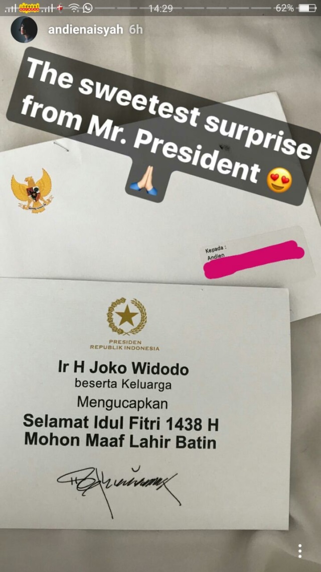 Ucapan idul fitri Jokowi ke Andien (Foto: Insta Story @andienaisyah)