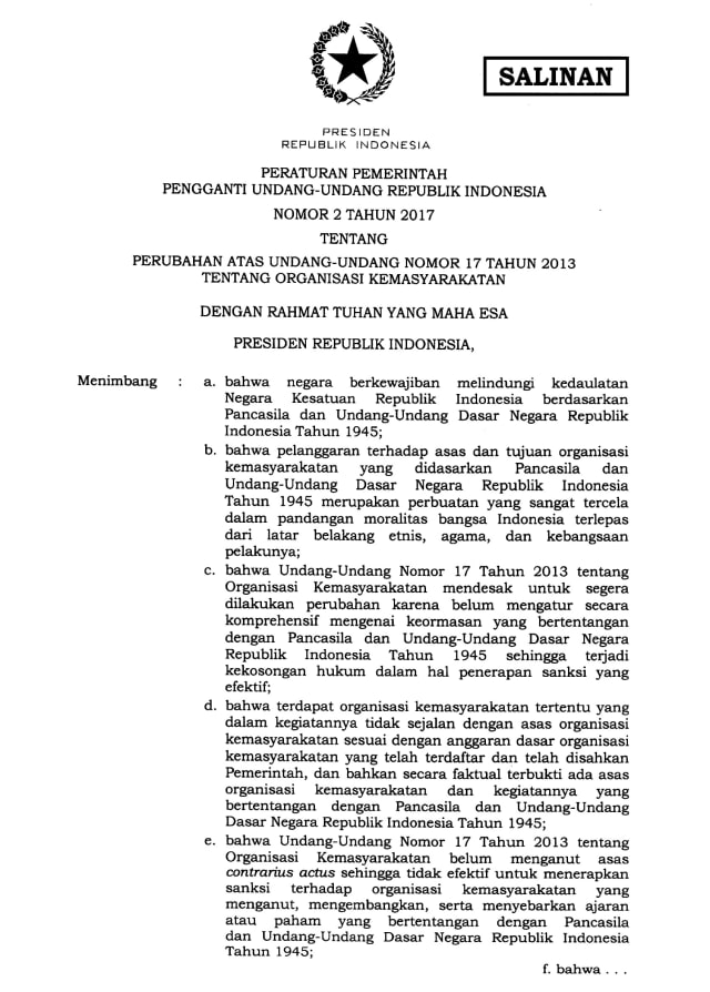 Perppu tentang Ormas (Foto: setneg.go.id)