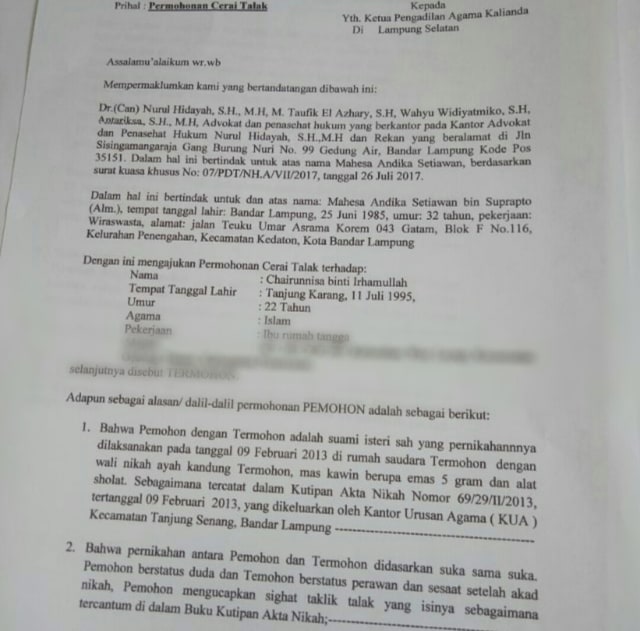 Surat Permohonan cerai Andika Kangen Band (Foto: Instagram @andikangenband)