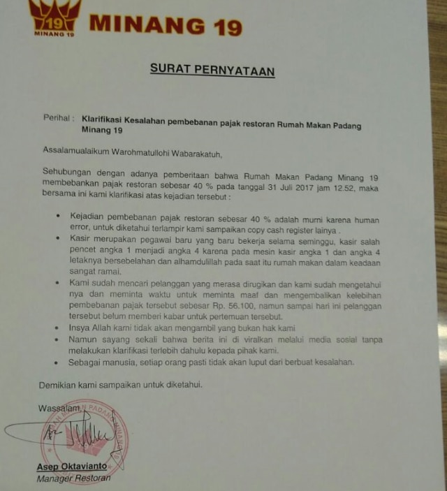 Surat Pernyataan Restoran Minang KM 19 (Foto: Iqra Ardini/kumparan)